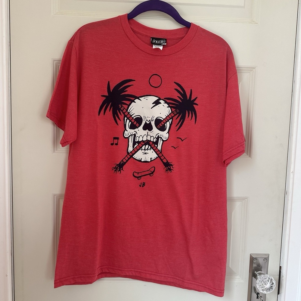 VTG Y2K Volcom‎ Skateboard Shirt Men's M Red Black Graphic Summer Grunge Skull